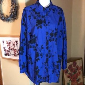 Roaman’s Cobalt Blue Black Floral Academia Button Down Shirt Plus 24W